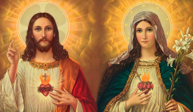 Dois corações: Sagrado Coração de Jesus e Imaculado Coração de Maria